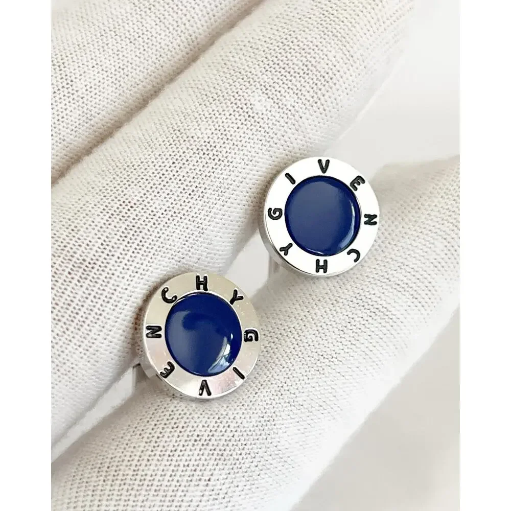 GIVENCHY Cufflinks Round Blue Enamel Polished Silver Tone Frame Brand Logo
